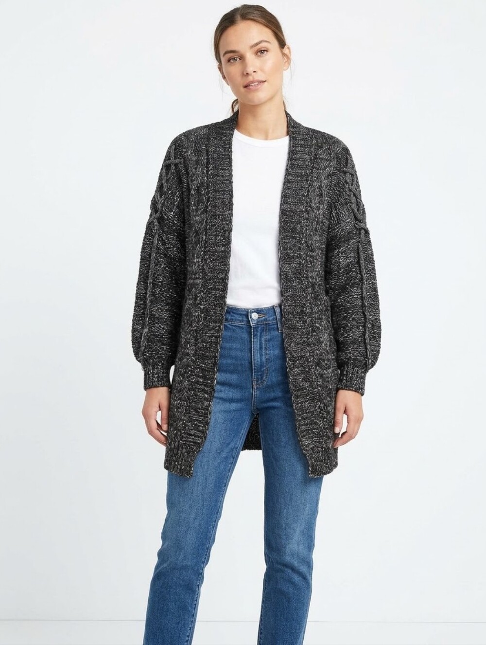 Chunky Cable Knit Open Front Cardigan Sweater Marled Charcoal Wool Blend
